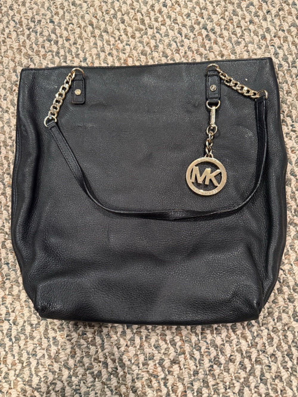 Michael Kors Black Leather Tote with Gold MK Charm and Chain Straps